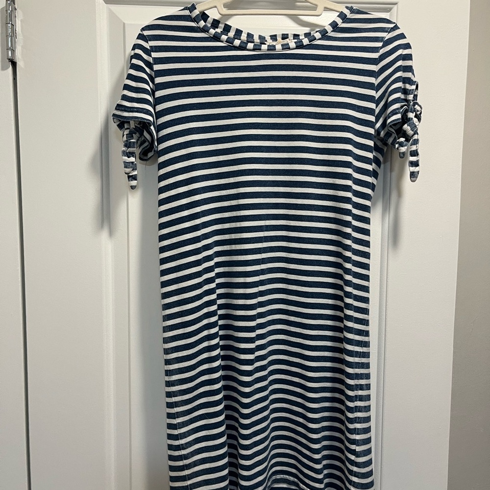 Navy and White Striped Dress with Tie Sleeves